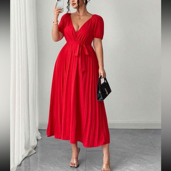 Plus Size Red Pleated Dress - Picture 1 of 5